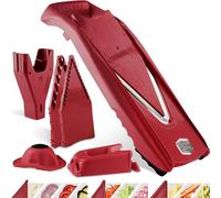 Börner V5 PowerLine Mandoline - Kit Pro - Station de rangement - Rouge | Avec 3 inserts & poussoir & boîte - 10 types de coupe - Bâtonnets & dés en 4 tailles - Sans BPA - Fabriqué en Allemagne