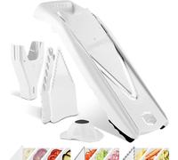 Börner V5 PowerLine Mandoline - Kit Starter - Avec 3 inserts - Blanc | Avec poussoir & boîte de rangement - 4 épaisseurs - Bâtonnets & dés en 4 tailles - Lames inox - Fabriqué en Allemagne
