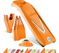 Börner V5 PowerLine Mandoline - Kit Starter - Avec 3 inserts - Orange | Avec poussoir & boîte de rangement - 4 épaisseurs - Bâtonnets & dés en 4 tailles - Lames inox - Fabriqué en Allemagne