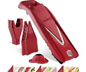 Börner V5 PowerLine Mandoline - Kit Starter - Avec 3 inserts - Rouge | Avec poussoir & boîte de rangement - 4 épaisseurs - Bâtonnets & dés en 4 tailles - Lames inox - Fabriqué en Allemagne
