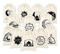 Boerni 12 PCS Ramadan Sacs Cadeaux à Cordon,Eid Mubarak Goody Sac en Toile de Jute Petite Pochette à Cordon Sacs à Biscuits Islamiques Eid al-Adha Islam Eid Iftar Sac de Faveur pour Les Décorations d