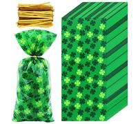 Boerni Lot de 100 sacs cadeaux en cellophane avec trèfle à quatre feuilles pour la Saint-Patrick et attaches dorées