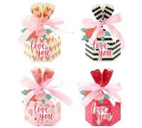 Boerni Lot de 24 boîtes à friandises pour la Saint Valentin, motif cœur à rayures, avec ruban et étiquette, rose, rouge, rose, cadeau décoratif pour anniversaire, mariage, fête