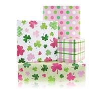 Boerni Lot de 4 feuilles de papier cadeau pour la Saint-Patrick, motif trèfle irlandais, motif trèfle à pois, rose, vert, 68,6 x 50,8 cm