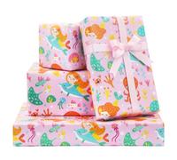 Boerni Lot de 4 feuilles de papier cadeau Princesse de la mer Petite sirène Mermazing avec ses amis d'animaux marins de couleur rose 15 m² avec ruban de soie pour filles, enfants, bébés, femmes