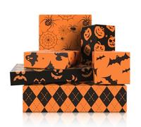 Boerni Lot de 6 feuilles de papier cadeau d'Halloween - Pas de rouleau - Orange et noir, fantôme, citrouille, toile d'araignée, papier cadeau plié à plat pour décoration de fête d'Halloween, 50,8 x
