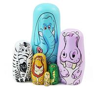 Boerni Set de 6 Animaux poupées en Bois imbriquées, Cartoon éléphant Hippopotame zèbre Lion Crocodile Singe Fait à la Main Russe Matryoshka poupée empilable Jouet
