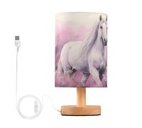 BOESI Chevaux blancs dans champs roses Lampe de table lampe de chevet avec base en bois et bouton USB cordon pour chambre à coucher salon