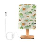 BOESI Lampe de table sur le thème de la Saint-Patrick, lampe de chevet avec base en bois et cordon de bouton USB pour chambre à coucher, salon