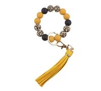 Boethesi Porte-clés avec bracelet en perles de silicone motif léopard, bracelet à pampilles, porte-clés de voiture pour femme, porte-clés de poignet, jaune, taille unique