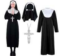 Bofeiya Lot de 3 accessoires de costume de nonne - Robe noire, coiffe de nonne, collier argenté pour Halloween, fête, cosplay