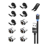 Boffdock Câble de charge magnétique de type C avec 10 embouts, chargeur de téléphone magnétique de 2,4 A, cordon tressé en nylon avec LED pour appareils à port USB-C/Type-C