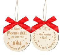 BOFUNX 2pcs Ornement Suspendu Ronde Mon Premier Noël Bébé Français Ornement Suspendu Pendentif avec Noeud Papillon Ficelle Graver Simple Face Décoration de Sapin de Noël en Bois