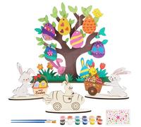 BOFUNX 4pcs Décoration de Pâques à Peindre Lapins Oeufs de Pâques en Bois à Colorier Avec Peinture Pinceau Autocollant Cadeaux Artisanat DIY de Pâques pour Enfants