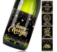 BOFUNX 4pcs Étiquettes de Champagne Nouvel an Autocollant pour Bouteille de Vin Happy New Year Noir Or Décorations de Nouvel an 2025