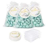 BOFUNX 50pcs Sachets en Organza Blanc 12x9cm Pochette Cadeau Sachets Bonbons avec Étiquettes Baptême Croix Imprimé Faveur de Baptême pour Baptême