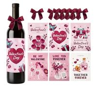 BOFUNX 6pcs Étiquettes de Vin Rouge Autocollant Saint Valentin pour Bouteille Champagne + 6pcs Nœuds Rouge Décorations Cadeaux pour Saint Valentin