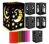 BOFUNX 6pcs Kit de Bricolage Lanterne en Papier Noir Lanterne Etoiles Lune Hollow Out Portable + 7 Feuilles Cellophane Multicolore Transparentes DIY pour Enfants