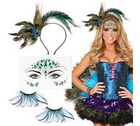 BOFUNX Kit de Déguisement Paon Bandeau de Paon Serre Tête avec Plume+ 1 Paire de Faux Cils Longs+ Autocollant de Visage Gemmes Strass Paon Décoration Maquillage pour Spectacle Carnaval Cosplay Paon