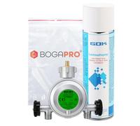 BOGAPRO Régulateur basse pression 50 mbar, régulateur de gaz avec 2 sorties, KLF x 2 x 1/4" gauche, pour connecter 2 appareils à une bouteille de gaz, avec spray de détection de fuite et sac en