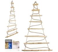BOGATECO Sapin de Noël fait à la main de 95 cm de haut, en bois de noisetier, pendentif décoratif, avec lumières LED de 200 cm, plaques de bois reliées à une corde en jute d'une épaisseur de 6 mm