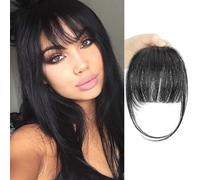 BOGSEA - Frange à cheveux humains - Frange avec armatures - Pour femme - À clipser - Plate - Pour un usage quotidien - Noir naturel