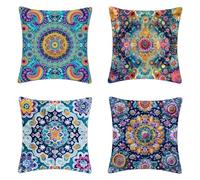 BohêMe Coussin Exterieur Lot de 4, Imperméable Housse Coussin Mandala Taie Oreiller 65x65, Carré Lin Taie d'Oreiller avec Fermeture Eclair Caché pour Decoration Jardin Exterieur, Cadeau -2503j0N