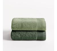BOHEME Harmony Lot de 2 serviettes de toilette bicolore Vert foncé et vert clair 100 % coton Zero Twist 600 g/m² Douces, absorbantes et à séchage rapide Lavable en machine