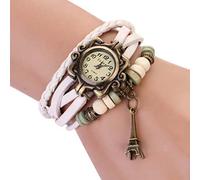 Bohème Simple Bracelet Eté Cadeau Fête Femme Vintage Tour Eiffel Multicouche Tressé Bracelet en Simili Cuir Montre-bracelet Blanc