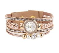 Bohème Simple Bracelet Summer Party Cadeau Rétro Multicouche Perles Bracelet Tressé Femme Chiffre Arabe Quartz Montre-bracelet - Beige