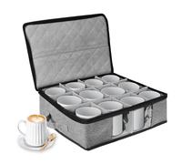 BOHEMIABY Porte-Tasses à Café avec Séparateur, Boîtes de Stockage avec Couvercle et Poignée, Boîte de Rangement Empilable, Café Porte Tasse pour 12 Tasses à Café, Mug, Gobelets, Empilable, Gris