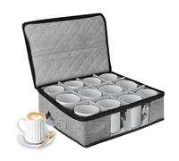 BOHEMIABY Porte-Tasses à Café avec Séparateur, Boîtes de Stockage avec Couvercle et Poignée, Boîte de Rangement Empilable, Café Porte Tasse pour 12 Tasses à Café, Mug, Gobelets, Empilable, Gris