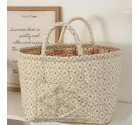 Bohemian Chic Style Quilted Floral Storage Basket, Bohemian Chic Quilted Fabric Storage Basket with Handles & Pocket, Large Capacity Collapsible Fabric Organizer for Home, Picnic, Travel (Flowers,D)