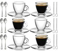 BOHEM'S Lot de 6 tasses à expresso en verre transparent de 90,7 g avec mini cuillères en acier inoxydable