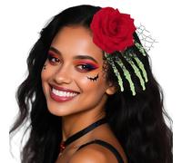 Bohend Pince à cheveux gothique squelette rose pour costume d'Halloween, mini chapeau haut-de-forme en dentelle noire avec fleur rouge (vert)