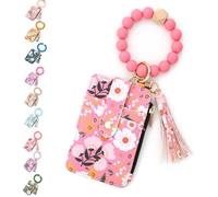 Boho Beaded Wallet with Flower Pattern, Women's Boho Style Beaded Tassel Keychain Wallet, Wristlet Wallets Card Holder Purse (Dark Pink)