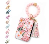 Boho Beaded Wallet with Flower Pattern, Women's Boho Style Beaded Tassel Keychain Wallet, Wristlet Wallets Card Holder Purse (Light Pink)