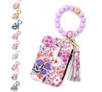 Boho Beaded Wallet with Flower Pattern, Women's Boho Style Beaded Tassel Keychain Wallet, Wristlet Wallets Card Holder Purse (Purple)