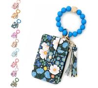 Boho Beaded Wallet with Flower Pattern, Women's Boho Style Beaded Tassel Keychain Wallet, Wristlet Wallets Card Holder Purse (Dark Blue)