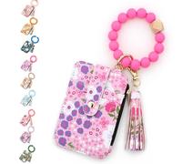 Boho Beaded Wallet with Flower Pattern, Women's Boho Style Beaded Tassel Keychain Wallet, Wristlet Wallets Card Holder Purse (Rose Red)