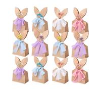 Boho Bow Easter Bunny Treat Bags, DIY Bunny Easter Treat Bags with Neutral Bow Ribbon and Dried Flowers for Birthday Wedding Party (12Pcs)