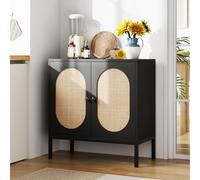 Boho Buffet en rotin - Meuble de rangement en bois double couche, portes et étagères, console d'appoint pour entrée, salon, salle à manger, cuisine, pieds en métal uni, noir, 80 x 40 x 82,8 cm