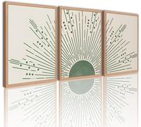 Boho Canvas Wall Art Sage green Sun Rising on the Sea Minimalist Affiche,s Prints for Living Room Bathroom Decor (80x120cmx3/Inner frame)