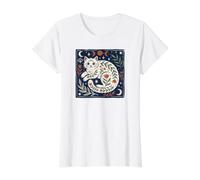 Boho Cat Céleste Lune Botanique Art Populaire Nature T-Shirt Graphique avec Valeur, Femme, Blanc, XL