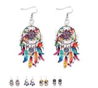 Boho Dreamcatcher Feather Earrings, Acrylic Bohemian Feathers and Floral Earrings for Women, Vintage Cowgirl Jewelry (e)