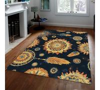 Boho Fleurs Tapis Marron Bleu Plume Ethnique Petits lavables Doux antidérapant Tapis à Poils Ras pour Chambre d’Enfant entrée Cuisine canapé 160x200cm