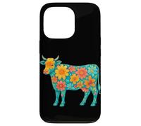 Boho Floral Vache décorative Animal Art Illustration Fleurs Coque pour iPhone 13 Pro