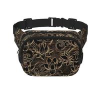 Boho Gold Lotus Flowers Print Men and Women Square Double Layer Waist Bag Workout Crossbody Travel Waist Bag, noir, One Size