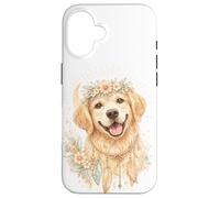 Boho Golden Retriever Floral Crown Aquarelle Art Esthétique Art Coque pour iPhone 16