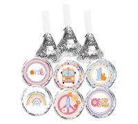 Boho Groovy Lot de 150 étiquettes autocollantes rondes pour 1er anniversaire Motif bus de fleurs 1er anniversaire Pour bonbons au chocolat